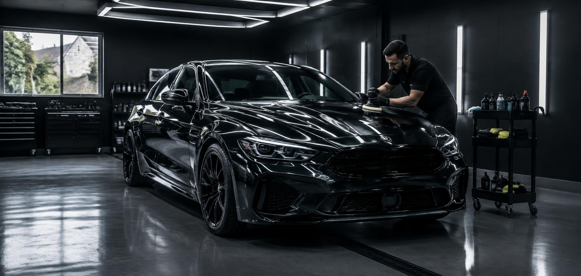 A performance car being professionally detailed in a controlled studio