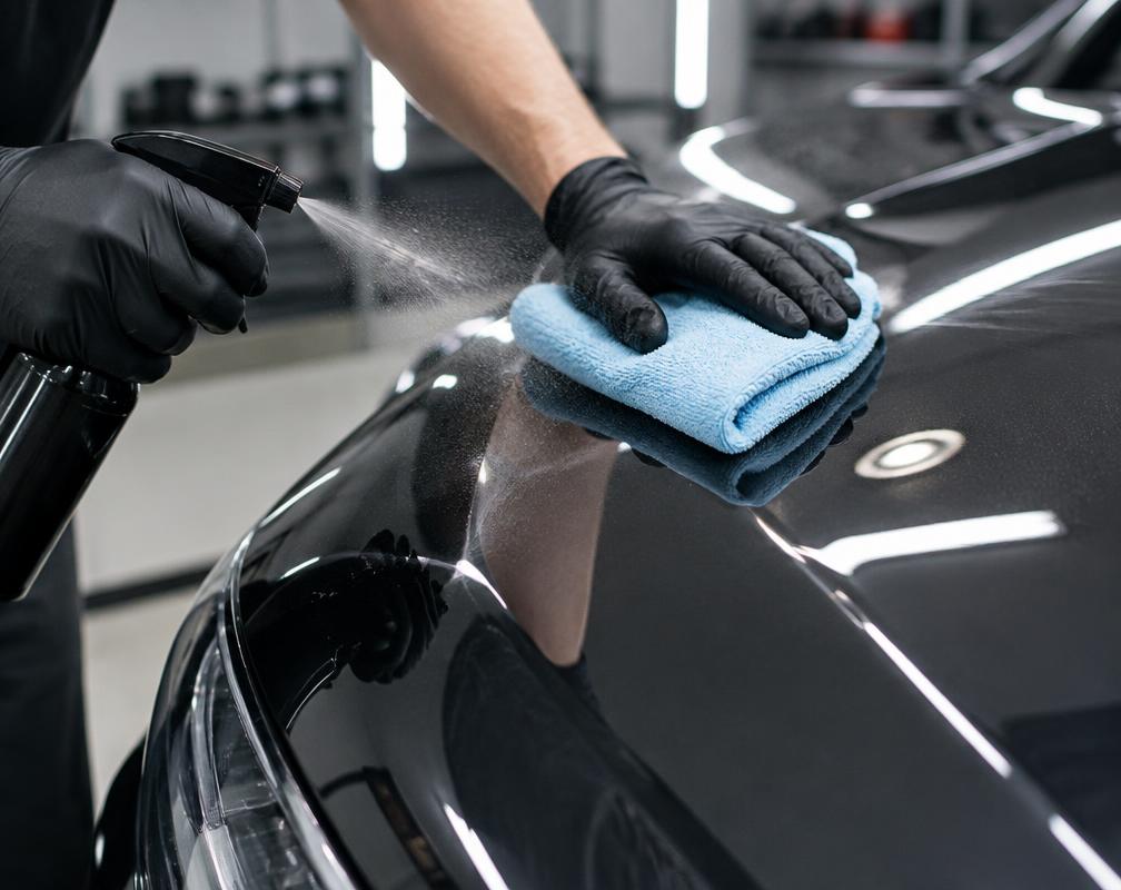 A coated car receiving careful maintenance