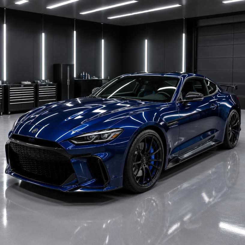 Blue performance car with a showroom finish